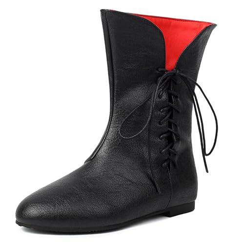 Damen Jahrgang Flachs Kurze Stiefel Schnüren COS Medieval Herren Faux Leder Gotisch Schuhe Witch Costume Pirate Viking Tied Schuhe Renaissance Flach Victorian Stiefel Black Size 40 von Galindopia