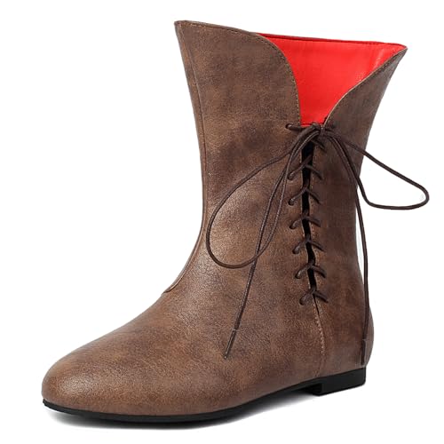 Damen Jahrgang Flachs Kurze Stiefel Schnüren COS Medieval Herren Faux Leder Gotisch Schuhe Witch Costume Pirate Viking Tied Schuhe Renaissance Flach Victorian Stiefel Brown Size 40 von Galindopia