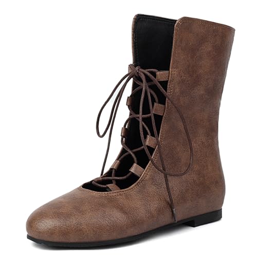 Damen Jahrgang Flachs Kurze Stiefel Schnüren COS Medieval Herren Faux Leder Gotisch Schuhe Witch Costume Pirate Viking Tied Schuhe Renaissance Flach Victorian Stiefel Brown Size 40 von Galindopia