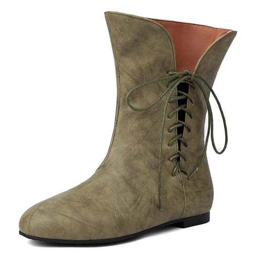 Damen Jahrgang Flachs Kurze Stiefel Schnüren COS Medieval Herren Faux Leder Gotisch Schuhe Witch Costume Pirate Viking Tied Schuhe Renaissance Flach Victorian Stiefel Green Size 40 von Galindopia