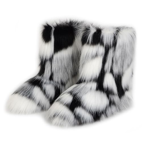 Damen Sü? Fluffy Stiefel Warm Gefüttert Winter Schneestiefel with Faux Fell Colorful Schuhe Festival Schuhe Fellry Feet Paws Rave Custome Fuzzy Leg Warm Gefütterter Outdoor Black-White Size 39 von Galindopia