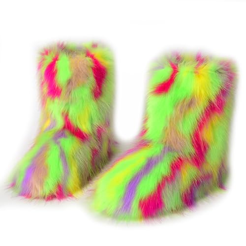 Damen Sü? Fluffy Stiefel Warm Gefüttert Winter Schneestiefel with Faux Fell Colorful Schuhe Festival Schuhe Fellry Feet Paws Rave Custome Fuzzy Leg Warm Gefütterter Outdoor Green-Red Size 40 von Galindopia