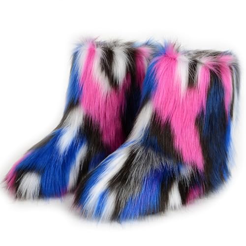 Damen Sü? Fluffy Stiefel Warm Gefüttert Winter Schneestiefel with Faux Fell Colorful Schuhe Festival Schuhe Fellry Feet Paws Rave Custome Fuzzy Leg Warm Gefütterter Outdoor Grey-Red-Blue Size 38 von Galindopia