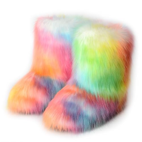 Damen Sü? Fluffy Stiefel Warm Gefüttert Winter Schneestiefel with Faux Fell Colorful Schuhe Festival Schuhe Fellry Feet Paws Rave Custome Fuzzy Leg Warm Gefütterter Outdoor Multi-colored Size 36 von Galindopia
