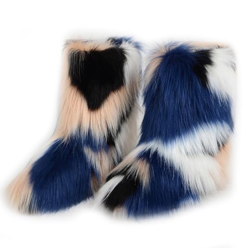 Damen Sü? Fluffy Stiefel Warm Gefüttert Winter Schneestiefel with Faux Fell Colorful Schuhe Festival Schuhe Fellry Feet Paws Rave Custome Fuzzy Leg Warm Gefütterter Outdoor White-Blue Size 40 von Galindopia