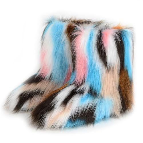 Damen Sü? Fluffy Stiefel Warm Gefüttert Winter Schneestiefel with Faux Fell Colorful Schuhe Festival Schuhe Fellry Feet Paws Rave Custome Fuzzy Leg Warm Gefütterter Outdoor White-Pink-Blue Size 43 von Galindopia