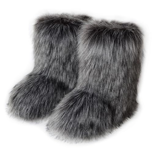 Damen Sü? Fluffy Stiefel Warm Gefüttert Winter Schneestiefel with Faux Raccoon Fell Schuhe Custome Festival Schuhe Fellry Feet Paws Rave Fuzzy Leg Warm Gefütterter Outdoor Dark-Grey Size 36 von Galindopia