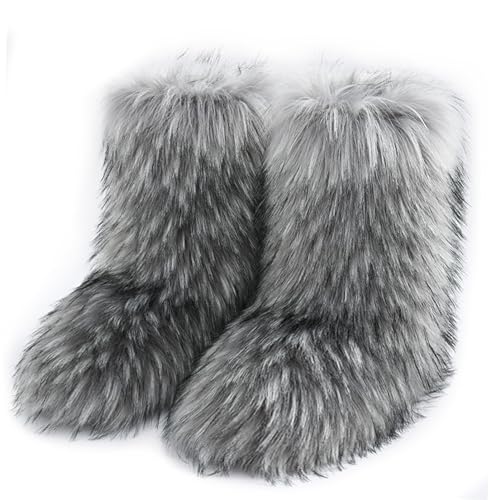 Damen Sü? Fluffy Stiefel Warm Gefüttert Winter Schneestiefel with Faux Raccoon Fell Schuhe Custome Festival Schuhe Fellry Feet Paws Rave Fuzzy Leg Warm Gefütterter Outdoor Light-Grey Size 38 von Galindopia