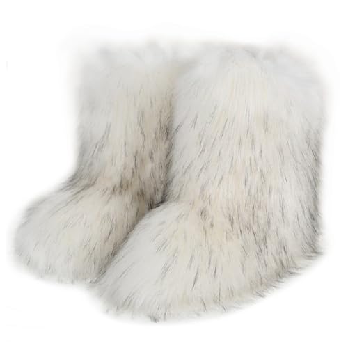 Damen Sü? Fluffy Stiefel Warm Gefüttert Winter Schneestiefel with Faux Raccoon Fell Schuhe Custome Festival Schuhe Fellry Feet Paws Rave Fuzzy Leg Warm Gefütterter Outdoor White-Black Size 44 von Galindopia