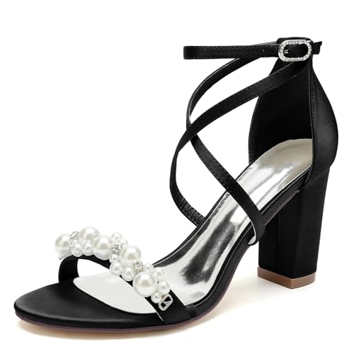 Elegant Hochzeit Sandalen Pearl Criss Cross Blockabsatz für Damen Knöchelriemchen Braut Heels Dressy Open Toe Cocktail Party ScHöhe Satin Black Size 38 Elegant Hochzeit Sandalen Pearl Criss Cross Blockabsatz für Damen Knöchelriemchen Braut Heels Dressy Open Toe Cocktail Party ScHöhe Satin Black Size 38 von Galindopia