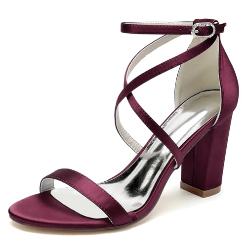 Elegant Hochzeit Sandalen Pearl Criss Cross Blockabsatz für Damen Knöchelriemchen Braut Heels Dressy Open Toe Cocktail Party ScHöhe Satin Burgundy Size 37 von Galindopia