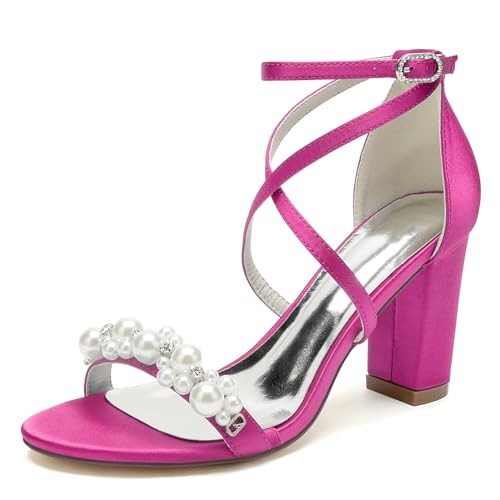 Elegant Hochzeit Sandalen Pearl Criss Cross Blockabsatz für Damen Knöchelriemchen Braut Heels Dressy Open Toe Cocktail Party ScHöhe Satin Cherry-Red Size 40 von Galindopia