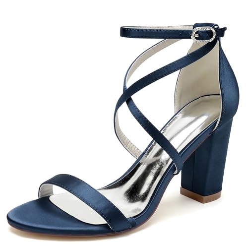 Elegant Hochzeit Sandalen Pearl Criss Cross Blockabsatz für Damen Knöchelriemchen Braut Heels Dressy Open Toe Cocktail Party ScHöhe Satin Dark-Blue Size 38 von Galindopia