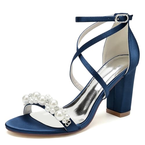 Elegant Hochzeit Sandalen Pearl Criss Cross Blockabsatz für Damen Knöchelriemchen Braut Heels Dressy Open Toe Cocktail Party ScHöhe Satin Dark-Blue Size 41 von Galindopia