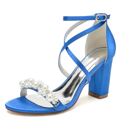 Elegant Hochzeit Sandalen Pearl Criss Cross Blockabsatz für Damen Knöchelriemchen Braut Heels Dressy Open Toe Cocktail Party ScHöhe Satin Royal Blue Size 38 Elegant Hochzeit Sandalen Pearl Criss Cross Blockabsatz für Damen Knöchelriemchen Braut Heels Dressy Open Toe Cocktail Party ScHöhe Satin Royal Blue Size 38 von Galindopia