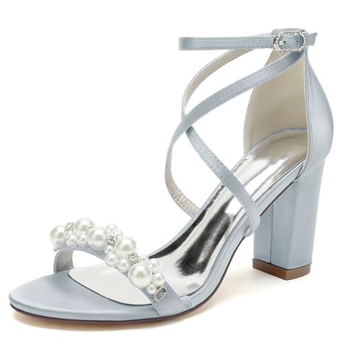 Elegant Hochzeit Sandalen Pearl Criss Cross Blockabsatz für Damen Knöchelriemchen Braut Heels Dressy Open Toe Cocktail Party ScHöhe Satin Silver Size 38 Elegant Hochzeit Sandalen Pearl Criss Cross Blockabsatz für Damen Knöchelriemchen Braut Heels Dressy Open Toe Cocktail Party ScHöhe Satin Silver Size 38 von Galindopia