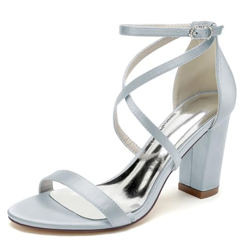 Elegant Hochzeit Sandalen Pearl Criss Cross Blockabsatz für Damen Knöchelriemchen Braut Heels Dressy Open Toe Cocktail Party ScHöhe Satin Silver Size 38 von Galindopia