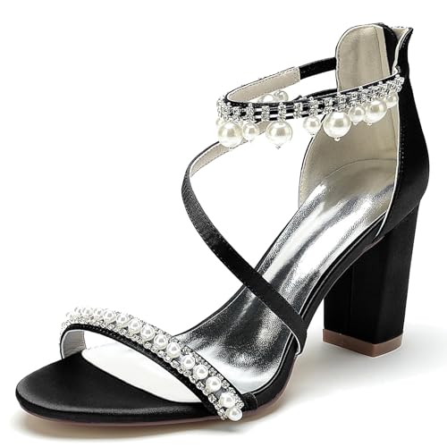 Elegant Hochzeit Sandalen Pearl Strap Blockabsatz für Damen Knöchelriemchen Braut Heels Dressy Open Toe Cocktail Party ScHöhe Satin Black Size 38 Elegant Hochzeit Sandalen Pearl Strap Blockabsatz für Damen Knöchelriemchen Braut Heels Dressy Open Toe Cocktail Party ScHöhe Satin Black Size 38 von Galindopia
