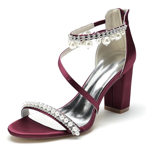 Elegant Hochzeit Sandalen Pearl Strap Blockabsatz für Damen Knöchelriemchen Braut Heels Dressy Open Toe Cocktail Party ScHöhe Satin Burgundy Size 41 von Galindopia