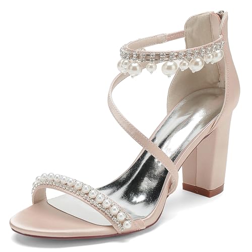Elegant Hochzeit Sandalen Pearl Strap Blockabsatz für Damen Knöchelriemchen Braut Heels Dressy Open Toe Cocktail Party ScHöhe Satin Champagne Size 40 von Galindopia