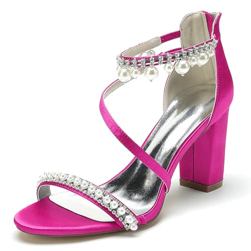 Elegant Hochzeit Sandalen Pearl Strap Blockabsatz für Damen Knöchelriemchen Braut Heels Dressy Open Toe Cocktail Party ScHöhe Satin Cherry-Red Size 42 von Galindopia