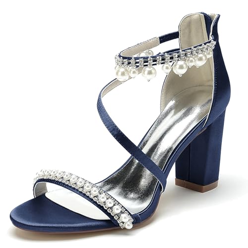 Elegant Hochzeit Sandalen Pearl Strap Blockabsatz für Damen Knöchelriemchen Braut Heels Dressy Open Toe Cocktail Party ScHöhe Satin Dark-Blue Size 38 von Galindopia
