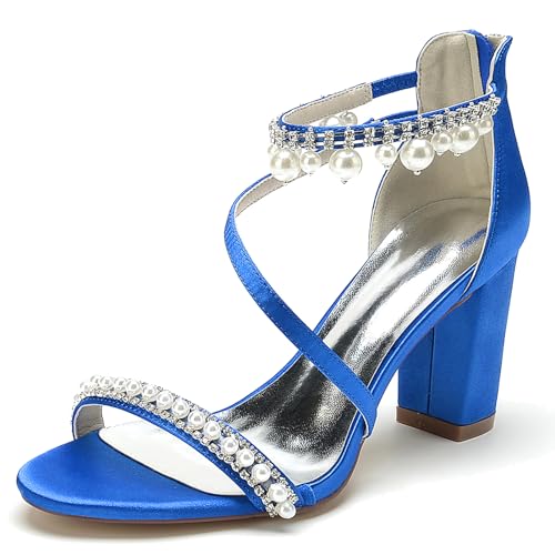 Elegant Hochzeit Sandalen Pearl Strap Blockabsatz für Damen Knöchelriemchen Braut Heels Dressy Open Toe Cocktail Party ScHöhe Satin Royal Blue Size 40 von Galindopia