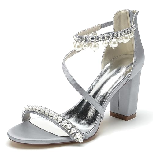 Elegant Hochzeit Sandalen Pearl Strap Blockabsatz für Damen Knöchelriemchen Braut Heels Dressy Open Toe Cocktail Party ScHöhe Satin Silver Size 38 Elegant Hochzeit Sandalen Pearl Strap Blockabsatz für Damen Knöchelriemchen Braut Heels Dressy Open Toe Cocktail Party ScHöhe Satin Silver Size 38 von Galindopia