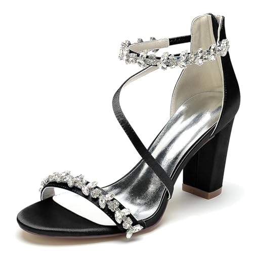 Elegant Hochzeit Sandalen Rhinestone Strap Blockabsatz für Damen Knöchelriemchen Braut Heels Dressy Open Toe Cocktail Party ScHöhe Satin Black Size 38 Elegant Hochzeit Sandalen Rhinestone Strap Blockabsatz für Damen Knöchelriemchen Braut Heels Dressy Open Toe Cocktail Party ScHöhe Satin Black Size 38 von Galindopia