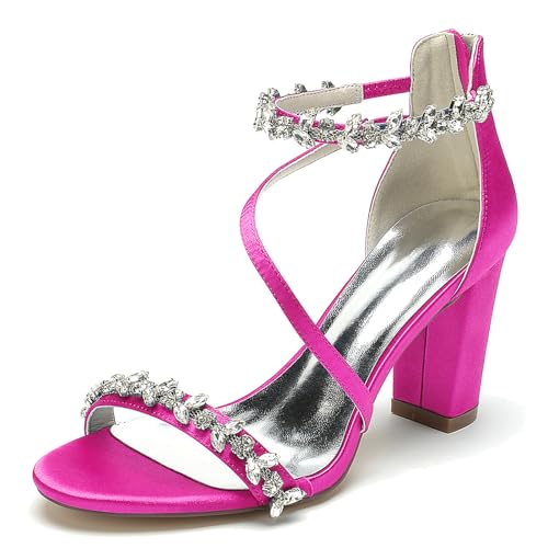 Elegant Hochzeit Sandalen Rhinestone Strap Blockabsatz für Damen Knöchelriemchen Braut Heels Dressy Open Toe Cocktail Party ScHöhe Satin Cherry-Red Size 37 von Galindopia