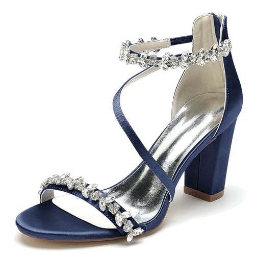 Elegant Hochzeit Sandalen Rhinestone Strap Blockabsatz für Damen Knöchelriemchen Braut Heels Dressy Open Toe Cocktail Party ScHöhe Satin Dark-Blue Size 41 von Galindopia