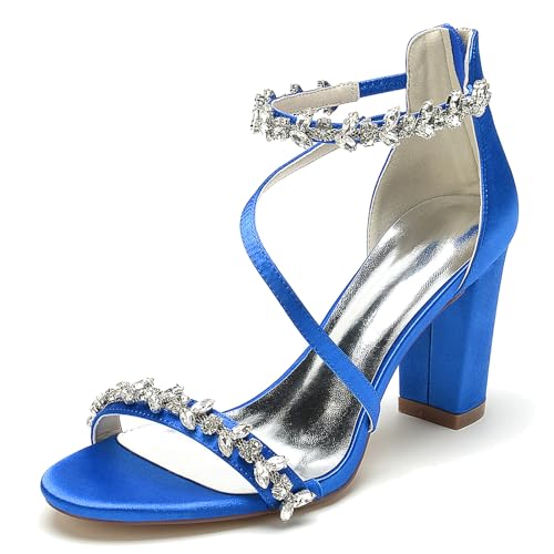 Elegant Hochzeit Sandalen Rhinestone Strap Blockabsatz für Damen Knöchelriemchen Braut Heels Dressy Open Toe Cocktail Party ScHöhe Satin Royal Blue Size 42 Elegant Hochzeit Sandalen Rhinestone Strap Blockabsatz für Damen Knöchelriemchen Braut Heels Dressy Open Toe Cocktail Party ScHöhe Satin Royal Blue Size 42 von Galindopia