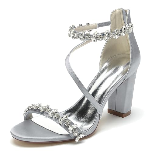 Elegant Hochzeit Sandalen Rhinestone Strap Blockabsatz für Damen Knöchelriemchen Braut Heels Dressy Open Toe Cocktail Party ScHöhe Satin Silver Size 38 von Galindopia