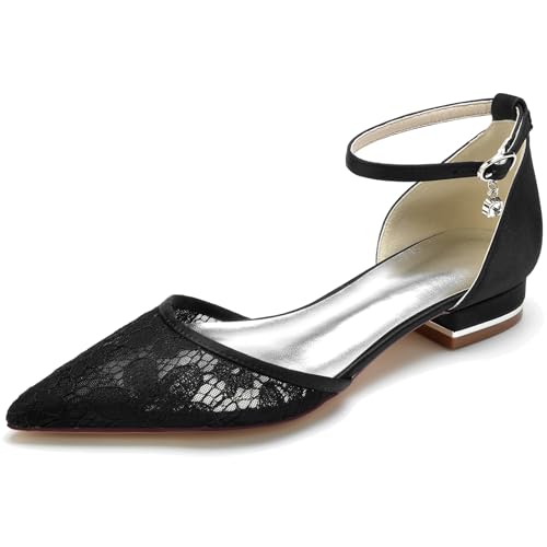 Elegant Hochzeit ScHöhe Flach Dress Pumps Gemütlich D Orsay Embroidery Pointed Toe Knöchelriemchen für Damen Dressy Party ScHöhe Spitze Black Size 42 von Galindopia