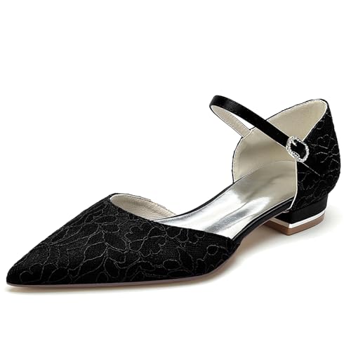 Elegant Hochzeit ScHöhe Flach Dress Pumps Gemütlich D Orsay Embroidery Pointed Toe Knöchelriemchen für Damen Dressy Party ScHöhe Spitze Black Size 42 von Galindopia