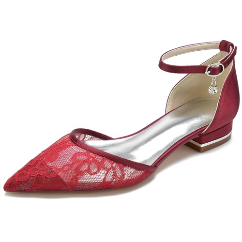 Elegant Hochzeit ScHöhe Flach Dress Pumps Gemütlich D Orsay Embroidery Pointed Toe Knöchelriemchen für Damen Dressy Party ScHöhe Spitze Burgundy Size 41 von Galindopia