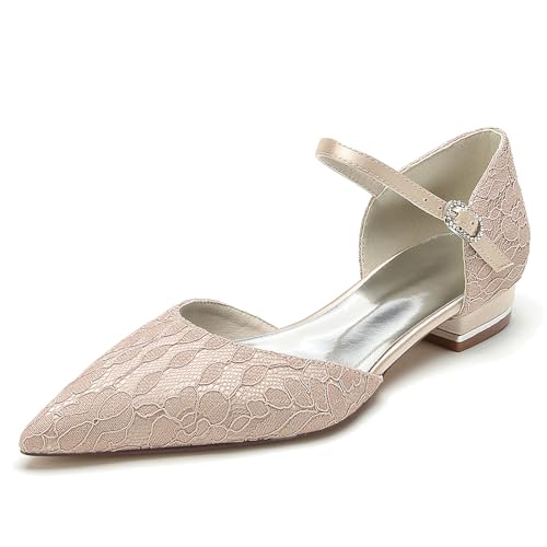 Elegant Hochzeit ScHöhe Flach Dress Pumps Gemütlich D Orsay Embroidery Pointed Toe Knöchelriemchen für Damen Dressy Party ScHöhe Spitze Champagne Size 40 von Galindopia