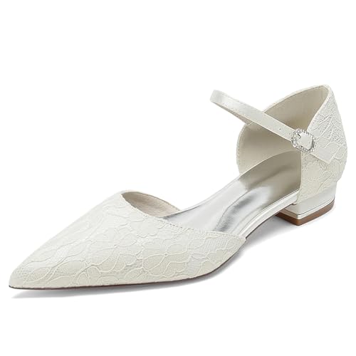 Elegant Hochzeit ScHöhe Flach Dress Pumps Gemütlich D Orsay Embroidery Pointed Toe Knöchelriemchen für Damen Dressy Party ScHöhe Spitze Pear White Size 38 von Galindopia