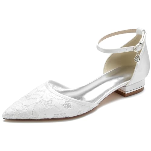 Elegant Hochzeit ScHöhe Flach Dress Pumps Gemütlich D Orsay Embroidery Pointed Toe Knöchelriemchen für Damen Dressy Party ScHöhe Spitze White Size 39 von Galindopia