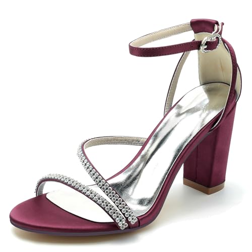 Elegant Pearl Strap Hochzeit Sandalen Blockabsatz für Damen Knöchelriemchen Braut Heels Dressy Open Toe Cocktail Party ScHöhe Satin Burgundy Size 42 von Galindopia