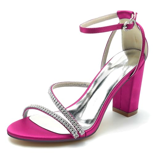 Elegant Pearl Strap Hochzeit Sandalen Blockabsatz für Damen Knöchelriemchen Braut Heels Dressy Open Toe Cocktail Party ScHöhe Satin Cherry-Red Size 40 von Galindopia