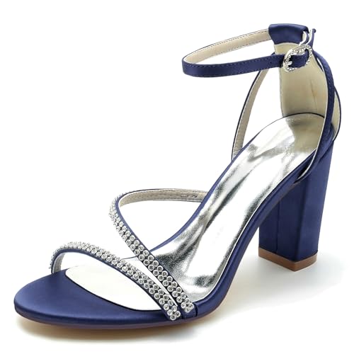 Elegant Pearl Strap Hochzeit Sandalen Blockabsatz für Damen Knöchelriemchen Braut Heels Dressy Open Toe Cocktail Party ScHöhe Satin Dark-Blue Size 38 von Galindopia