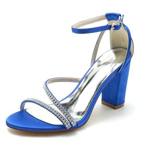 Elegant Pearl Strap Hochzeit Sandalen Blockabsatz für Damen Knöchelriemchen Braut Heels Dressy Open Toe Cocktail Party ScHöhe Satin Royal Blue Size 41 von Galindopia
