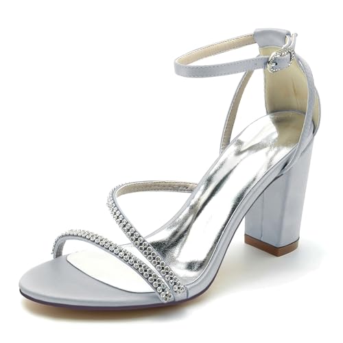 Elegant Pearl Strap Hochzeit Sandalen Blockabsatz für Damen Knöchelriemchen Braut Heels Dressy Open Toe Cocktail Party ScHöhe Satin Silver Size 41 von Galindopia