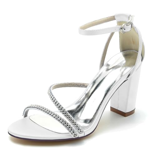 Elegant Pearl Strap Hochzeit Sandalen Blockabsatz für Damen Knöchelriemchen Braut Heels Dressy Open Toe Cocktail Party ScHöhe Satin White Size 41 von Galindopia