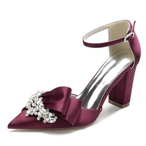 Elegant Rhinestone Hochzeit ScHöhe Block Heels für Damen Knöchelriemchen Dressy Pumps Ruffles Bow Braut Heels Cocktail Party ScHöhe Satin Burgundy Size 41 von Galindopia