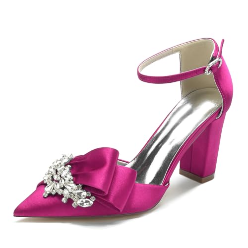 Elegant Rhinestone Hochzeit ScHöhe Block Heels für Damen Knöchelriemchen Dressy Pumps Ruffles Bow Braut Heels Cocktail Party ScHöhe Satin Cherry-Red Size 43 von Galindopia