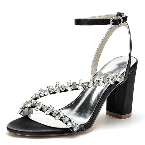 Elegant Rhinestone Strap Hochzeit Sandalen Blockabsatz für Damen Knöchelriemchen Braut Heels Dressy Open Toe Cocktail Party ScHöhe Satin Black Size 43 Elegant Rhinestone Strap Hochzeit Sandalen Blockabsatz für Damen Knöchelriemchen Braut Heels Dressy Open Toe Cocktail Party ScHöhe Satin Black Size 43 von Galindopia