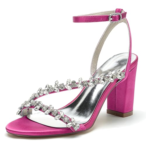 Elegant Rhinestone Strap Hochzeit Sandalen Blockabsatz für Damen Knöchelriemchen Braut Heels Dressy Open Toe Cocktail Party ScHöhe Satin Cherry-Red Size 40 von Galindopia