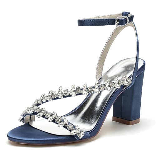 Elegant Rhinestone Strap Hochzeit Sandalen Blockabsatz für Damen Knöchelriemchen Braut Heels Dressy Open Toe Cocktail Party ScHöhe Satin Dark-Blue Size 42 von Galindopia